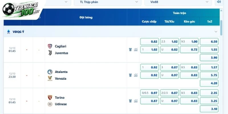 Tỷ lệ kèo trong cuộc Juventus đối đầu Cagliari
